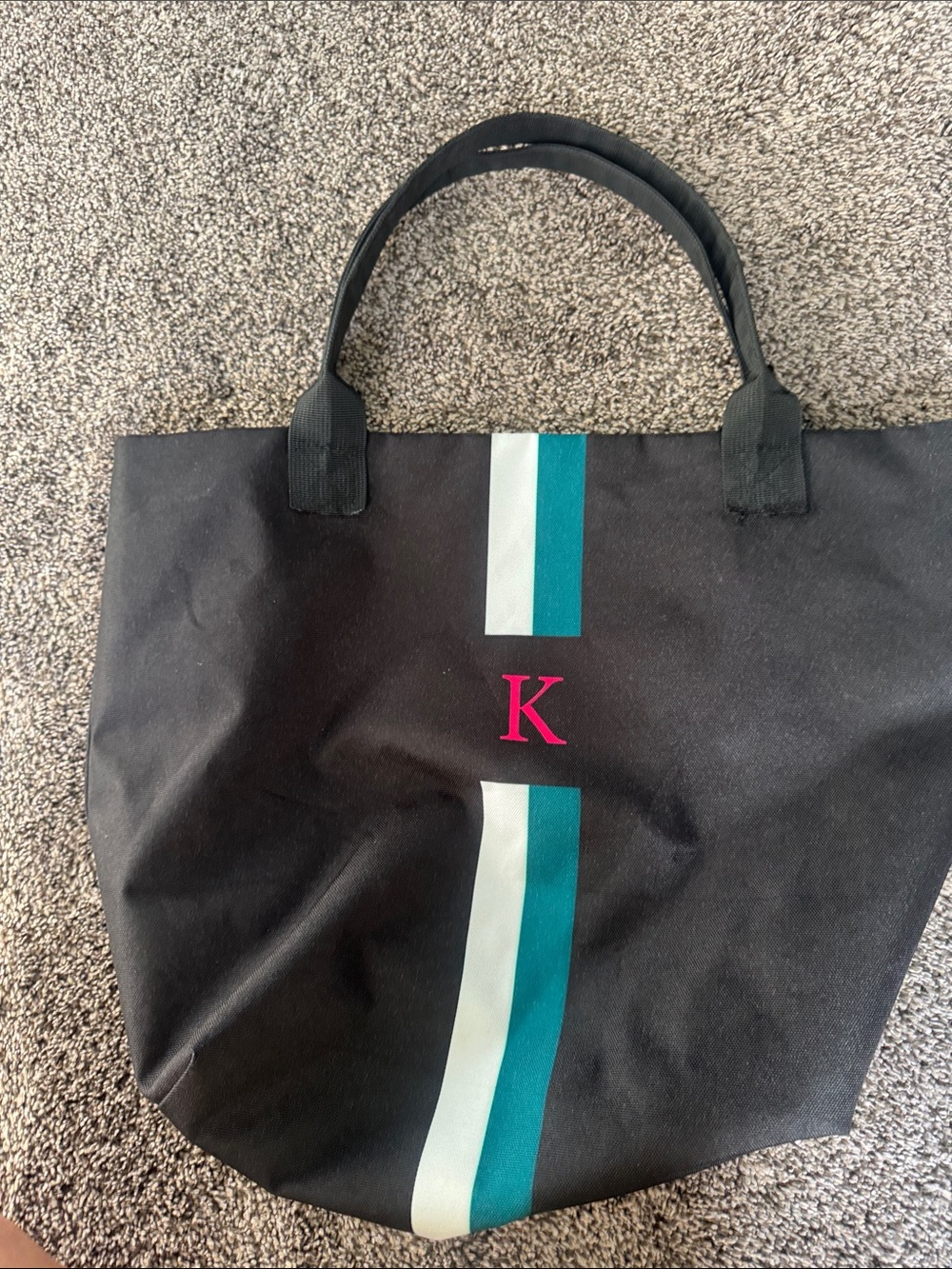 Black Tote with Teal and White Stripe and Pink 'K' Monogram